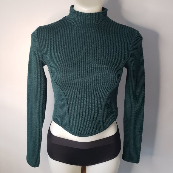 Bershka Green Ribbed Crop Mock Turtleneck Long Sleeve Top - Picture 1 of 14